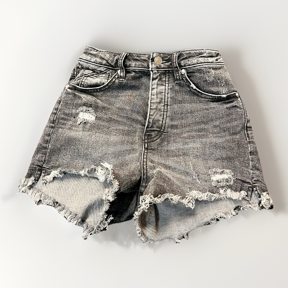 WE THE FREE Crvy Distressed Hi-Rise‎ Button Fly Cut Off Jean Shorts Sz 25 Black